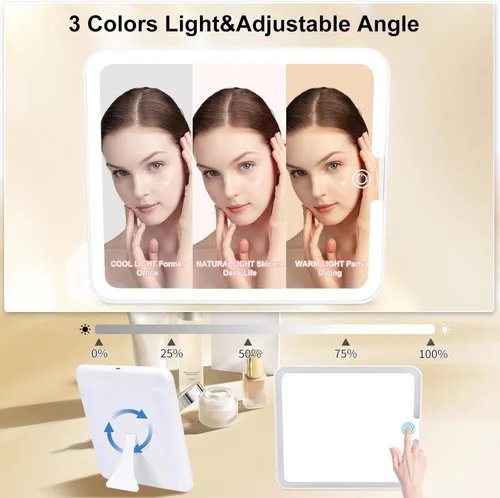 Vista 3 de Estuche de maquillaje con espejo LED, estuche rígido de viaje con espejo iluminado recargable y divisores ajustables, bolsa de almacenamiento