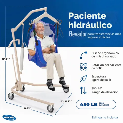 Vista 2 de Invacare Elevador hidráulico ligero para pacientes, blanco, capacidad de peso de 450 libras, 9805P, beige