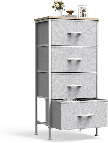 Vista 29 de Sweetcrispy Cómoda alta de tela para dormitorio, cómoda delgada de 6 cajones, torre de almacenamiento estrecha con parte superior de madera y marco