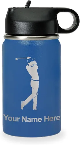 Vista 62 de LaserGram Botella de agua personalizada, golfista de golf, acero inoxidable de doble pared aislada al vacío con popote superior, regalo grabado Negro