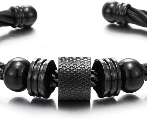 Vista 2 de Brazalete de acero trenzado para hombres y mujeres con abalorios de cuentas, pulido ajustable