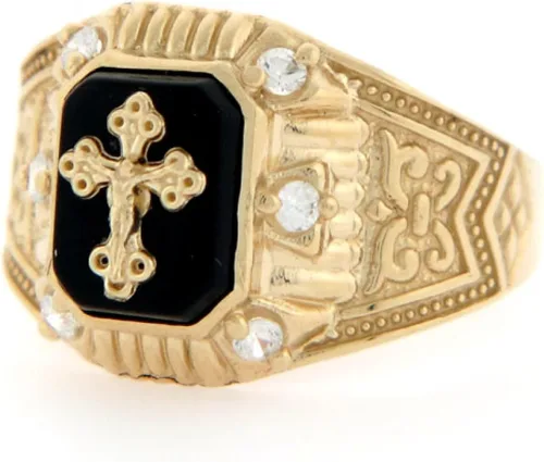 Vista 2 de Joyería liquidación 10k oro amarillo crucifijo Onyx CZ anillo religioso para hombre
