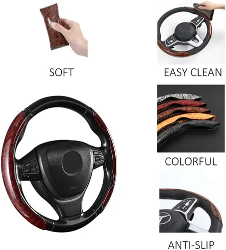 Vista 2 de Funda para volante de automóvil segmentado de grano de madera con forro antideslizante, ajuste universal para la mayoría de accesorios interiores