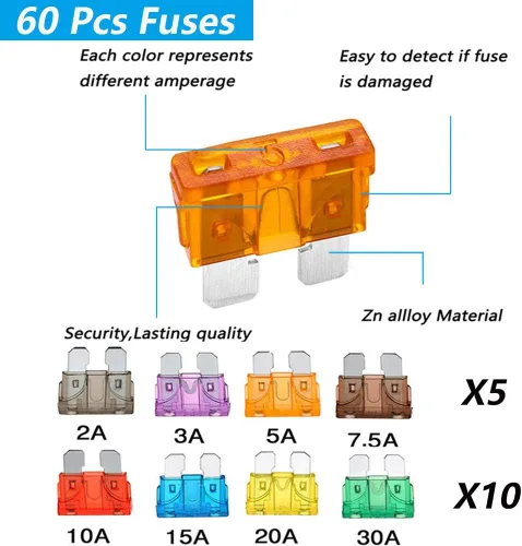 Vista 5 de Soporte de fusibles en línea de calibre 14 de 12 V-CC ATC/ATO, kit de 12 soportes de fusibles de hoja con 60 fusibles estándar de automóvil de 14