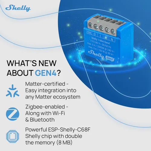 Vista 2 de Shelly 1 Mini Gen4 Interruptor de relé inteligente Wi-Fi, Zigbee y Matter con contactos secos, 1 canal 8A Automatización del hogar Compatible