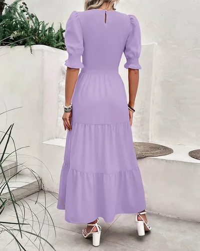 Vista 143 de BTFBM Vestidos para mujer, cuello redondo, casual, de verano, con volantes, manga corta, bohemio, con niveles, fruncido, largo, con estampado floral