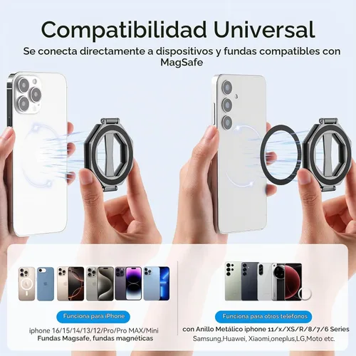 Vista 5 de Soporte magnético octogonal plegable de 360° giratorio para teléfono de escritorio de automóvil, uso universal, compatible con iPhone 12-17 Pro Negro