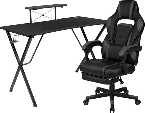 Vista 40 de Flash Furniture Juego de escritorio para juegos negro y silla de carreras blanco/negro con soporte para tazas, gancho para auriculares y soporte