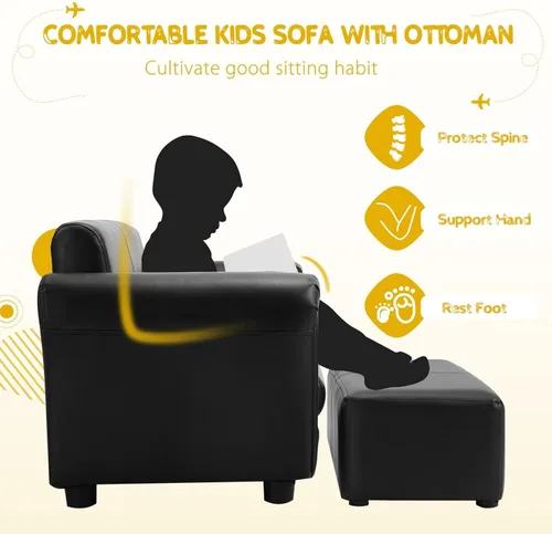 Vista 5 de INFANS Sofá infantil de 2 asientos con reposapiés, construcción de madera resistente, sillón con reposabrazos para niños en edad preescolar, sofá