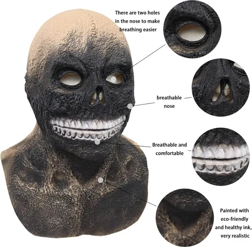 Vista 2 de Máscara de calavera aterradora de cabeza completa, máscara de esqueleto espeluznante realista de zombi, máscara facial de zombi para Halloween