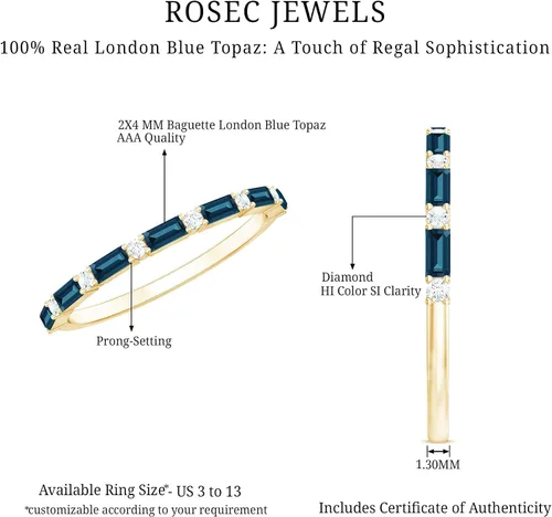 Vista 15 de Natural London Blue Topaz Diamond Half Eternity Anillo de calidad AAA, anillo apilable de topacio certificado – con joyero