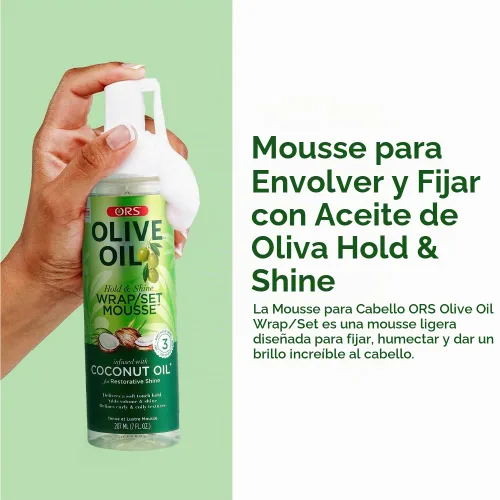Vista 5 de ORS Set de envoltura de aceite de oliva Hold & Shine Mousse infundida con aceite de coco para un brillo reparador, 7 onzas