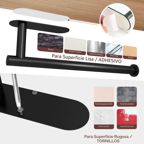 Vista 6 de DEKAVA - Soporte para toallas de papel para usar en la pared o debajo del gabinete en la cocina, autoadhesivo, de barra, estante, de acero Negro