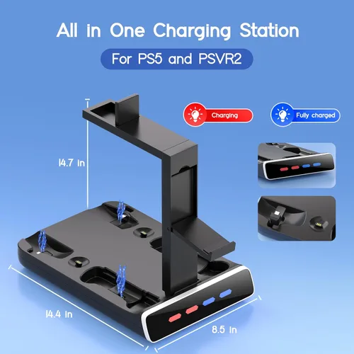 Vista 5 de Base de carga de controlador 3 en 1 para PSVR2 y PS5, pantalla de soporte de realidad virtual con luz LED, base de almacenamiento PS5 VR2