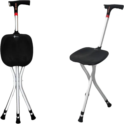 Vista 2 de Dr@home - Bastón ajustable ajustable con asiento plegable, luces LED, alarma de emergencia para personas mayores