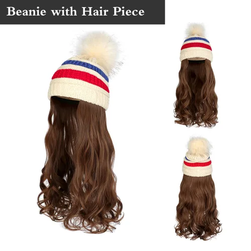 Vista 34 de AynnQueen - Gorro de invierno con extensiones de cabello desmontables para mujer.