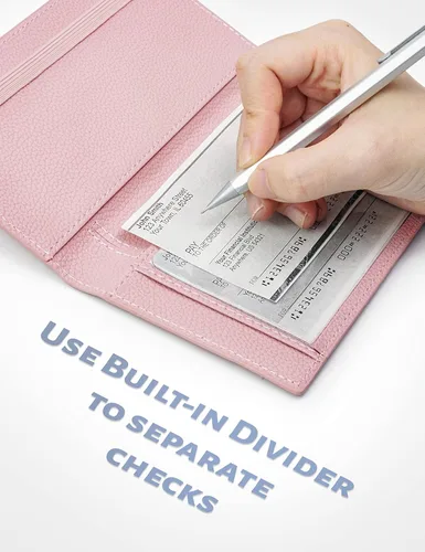 Vista 6 de Yarnic Funda para chequera personal, soporte para chequera con soporte para bolígrafo y divisor de plástico transparente integrado para cheques Rosa