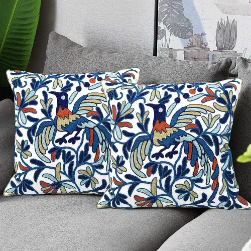 Vista 2 de Alysheer Juego de 2 fundas de almohada bordadas decorativas de verano de 18 x 18 pulgadas, funda de cojín de algodón con patrón de bordado de pájaro