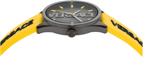 Vista 2 de Versace V-Vertical Collection Reloj de lujo para hombre con correa amarilla con una caja de metal IP y esfera gris, Gris, V-Vertical