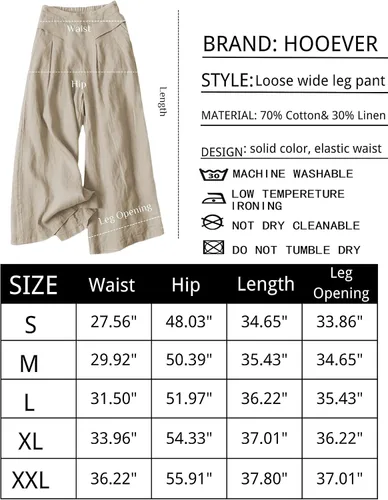 Vista 6 de Hooever Pantalones culottes de algodón y lino para mujer, cintura elástica, pierna ancha, pantalones capri