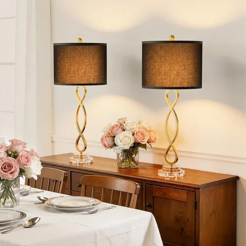 Vista 7 de Maxax Juego de 2 lámparas de mesa de latón dorado de 30 pulgadas para sala de estar, lámpara de noche moderna de cristal con pantalla negra, lámpara