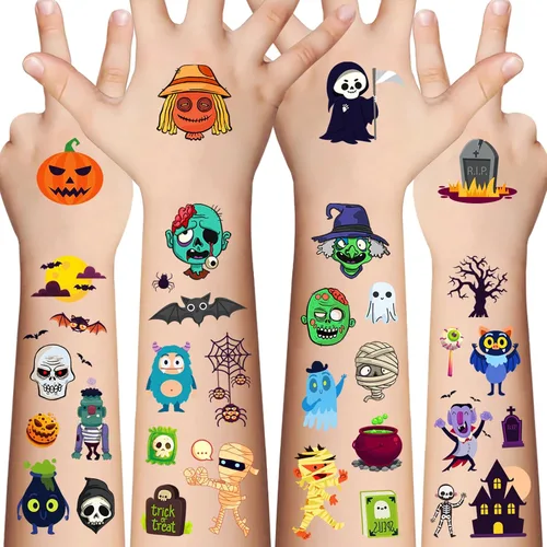 Vista 5 de Awinmay Tatuajes temporales de murciélago luminoso de Halloween para niños, 10 hojas que brillan en la oscuridad, tatuajes con temática
