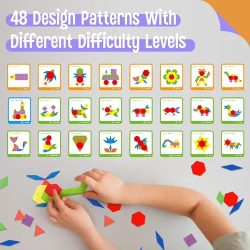 Vista 4 de 155 PIEZAS Juego de Bloques de Patrón de Madera, 24 Tarjetas de Diseño Doble Cara (48 Patrones) Rompecabezas de Forma Geométrica Divertido Tangram