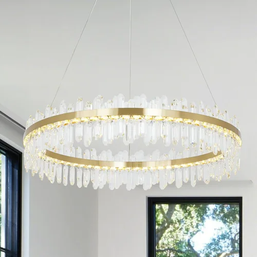 Vista 14 de Lámpara de araña de cristal moderna, luces colgantes cromadas, lámparas de techo con pantalla de acero inoxidable, para isla, comedor, sala
