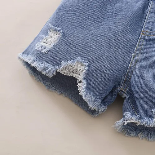 Vista 7 de Bebé Niña Estampado Floral Con Volantes Tirante Crop Top+Azul Pantalones Cortos De Mezclilla Con Agujeros Verano 2 Piezas Trajes Conjuntos De Ropa
