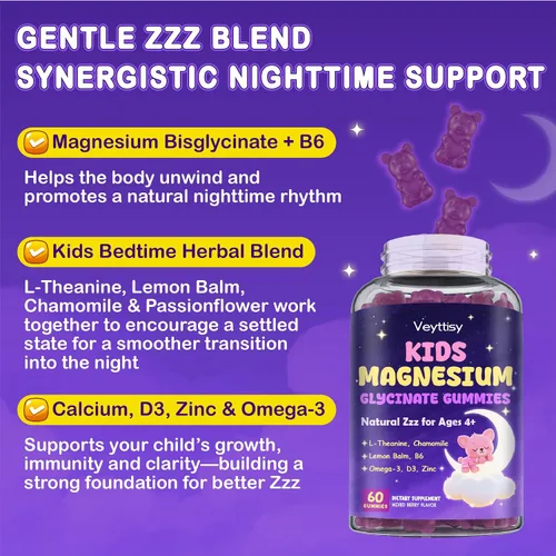 Vista 4 de Gomitas de glicinato de magnesio para niños mayores de 4 años: gomitas de bisglicinato de magnesio sin azúcar con manzanilla, L-teanina, bálsamo