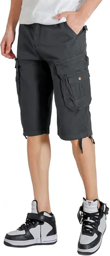 Vista 5 de Pantalones cortos cargo con cintura elástica para hombre, con bolsillo con cremallera, ajuste relajado, elásticos, ligeros, de algodón