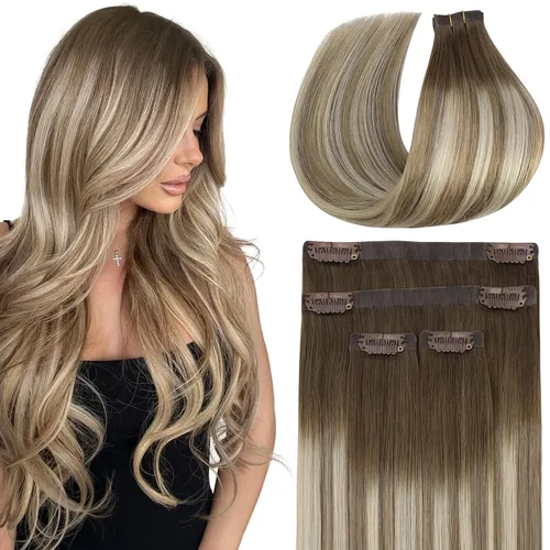 Vista 38 de Full Shine Extensiones de Cabello Rubio con Clip Reflejos Cabello Humano Extensiones con Clip Rubio Ceniza Mezcla Rubio Decolorado PU Extensiones