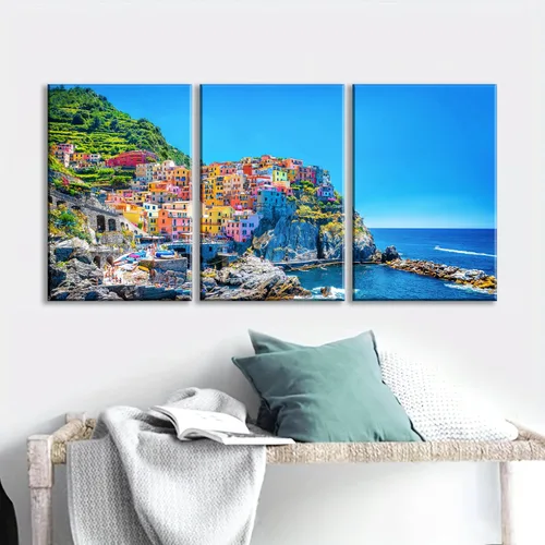 Vista 5 de NAN Wind 3 piezas de lienzo moderno pintura de pared paisaje urbano tradicional puerto mediterráneo mar Cinque Terre Italia costa paisaje impresión
