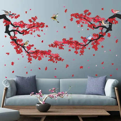 Vista 4 de Calcomanías románticas de pared de flores rojas 3D, ramas de árbol florales de ciruela, calcomanías de pared para bricolaje, flores de cerezo