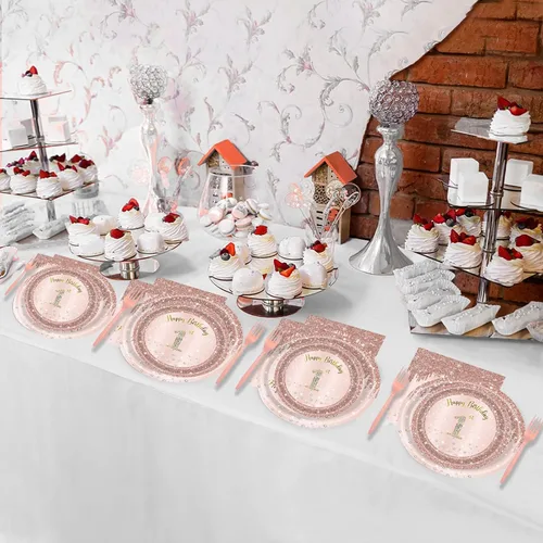 Vista 7 de 24 juegos de decoración de cumpleaños de oro rosa para niñas 1 juego de platos y servilletas y tenedores suministros de fiesta para niños de 1 año