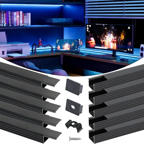 Vista 15 de Muzata Paquete de 10 unidades de 6.6 pies/6.6 ft con sistema de canal LED negro en forma de U con cubierta de difusor blanco lechoso esmerilado