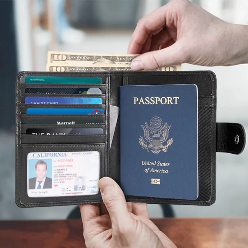 Vista 2 de Polare - Cartera de pasaporte de viaje plegable de cuero de grano completo para hombre, delgada con bloqueo RFID, Negro -, Slim