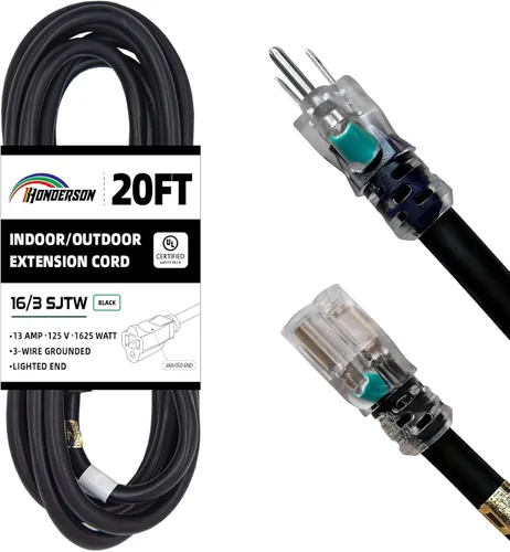 Vista 22 de Cable de Extensión HONDERSON con Extremo Iluminado, Certificado UL, Calibre 10, 1 Pie, Negro, 3 Puntas, Resistente, 10/3 SJTW, 15A, Cable de Energía