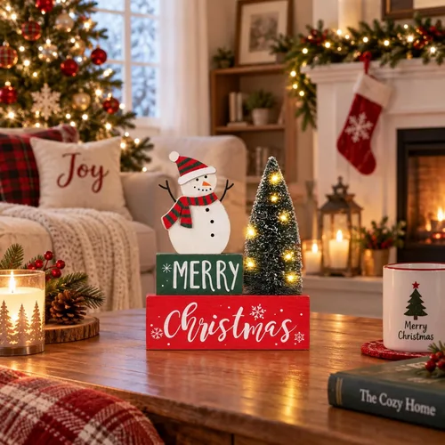 Vista 2 de Decoraciones de Navidad para el hogar, árbol de Navidad con luces LED, temporizador, letrero de muñeco de nieve de granja, signo de mesa de madera