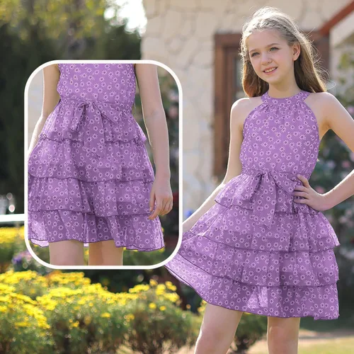 Vista 4 de Vestido floral con volantes y cuello halter para niñas, vestido de gasa de verano con cinturón