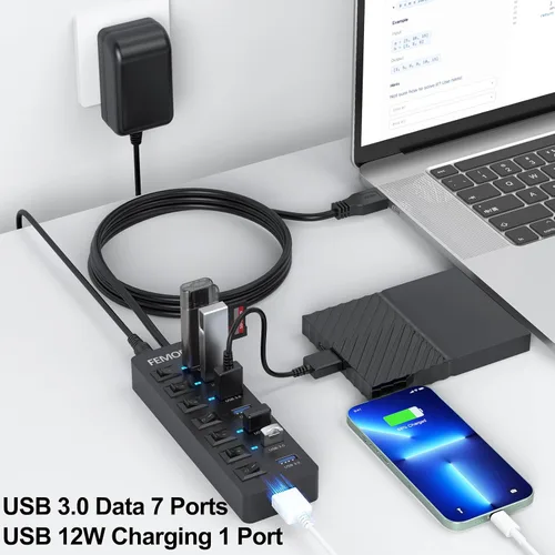 Vista 2 de Hub USB alimentado con cable de 4 pies para PC, 7 puertos de datos USB3.0 y 1 puerto de carga inteligente con adaptador de corriente e interruptores