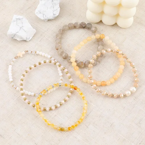 Vista 3 de Pulseras bohemias apilables de cuentas para mujer con dije de cruz, 6 pulseras elásticas de cuentas de piedra natural, cuentas de cristal de perlas