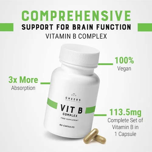 Vista 2 de CHEERS Suplemento de complejo de vitamina B 113.5 mg de vitaminas B completas con B1, B2, B3, B6, B12 Complejo B vegano de alta absorción