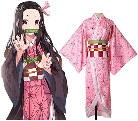 Vista 3 de Kamado Nezuko - Disfraz de cosplay para niños, conjunto de kimono de anime Demon Slayer