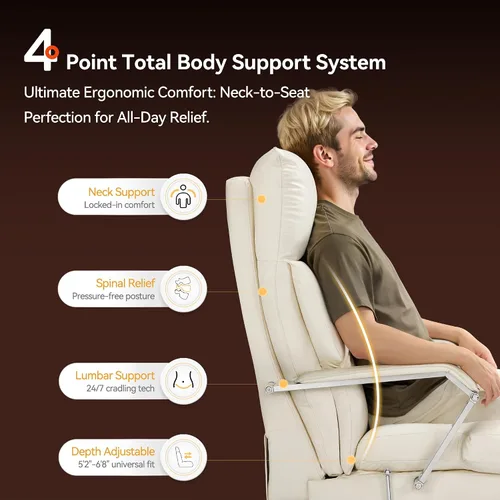 Vista 10 de OKUP M76 - Silla de oficina ejecutiva reclinable de 160° con reposapiés, silla de oficina de cuero con profundidad de asiento ajustable, cojín Crema