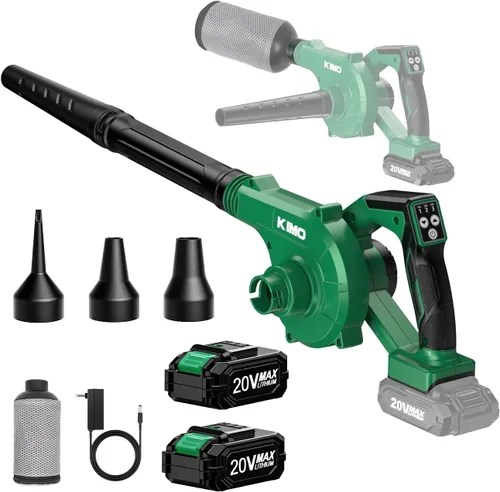 Vista 11 de KIMO - Soplador de hojas inalámbrico con batería y cargador, paquete de 2 baterías, tubo de extensión, velocidad variable de 20000 RPM, soplador