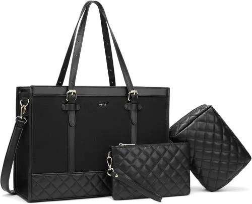 Vista 10 de Keyli 3 piezas Bolsa para Laptop para Mujeres, 15.6 Pulgadas Bolsa de Lona Tote Bolsas de Trabajo Grandes Maletín de Computadora de Negocios Bolso