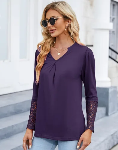 Vista 4 de BLITYA Blusas casuales con cuello en V para mujer, camisas de manga de encaje