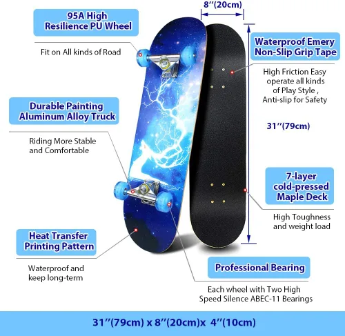 Vista 2 de PHOEROS Complete Skateboards- Standard Skateboards for Beginners Kids Boys Girls Teenager- 31''x 8''Canadian Maple Cruiser Pro Skate Board