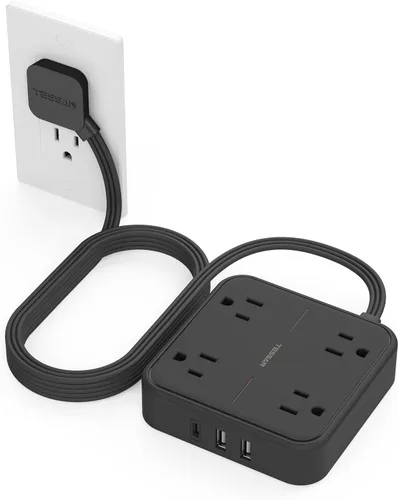 Vista 9 de TESSAN Cable de extensión plano protector de sobretensiones de 1 pie, regleta de enchufe con anillo con 4 tomas, 3 puertos USB (1 USB C), protección